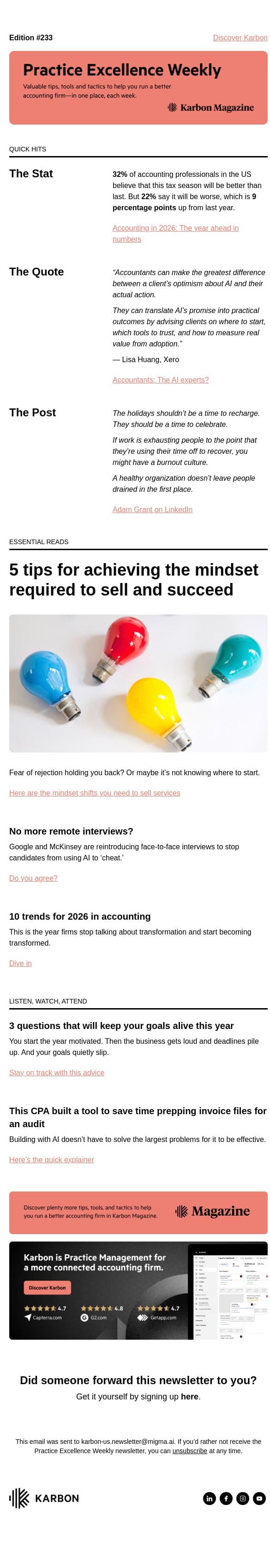 PEW 233: Mixed feelings about tax season, 2026 trends, and selling tips email from Karbon screenshot
