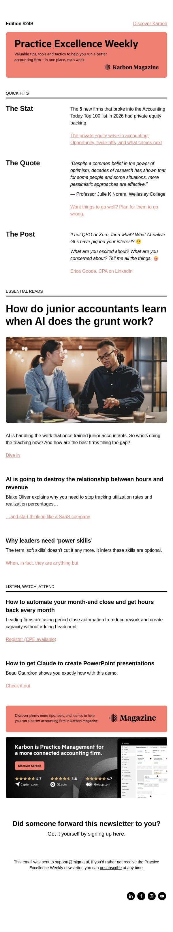 PEW 249: Better firm metrics, AI GLs, and power skills email from Karbon screenshot