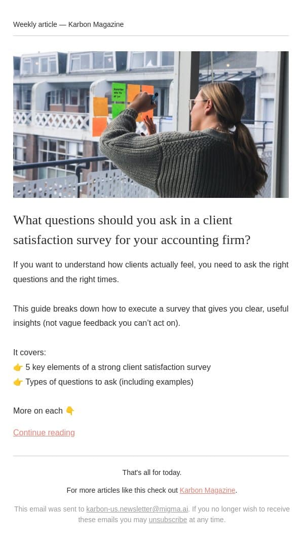 Smarter client surveys email from Karbon screenshot
