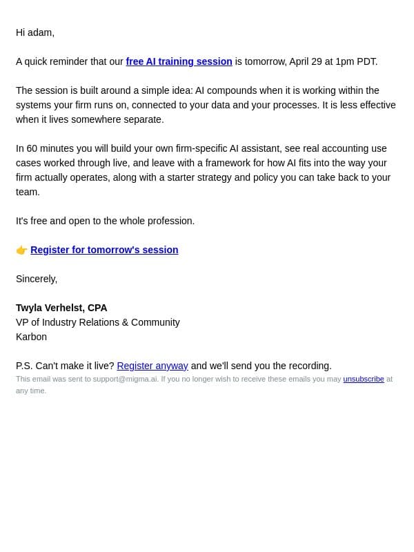 Tomorrow: free AI training for your firm email from Karbon screenshot