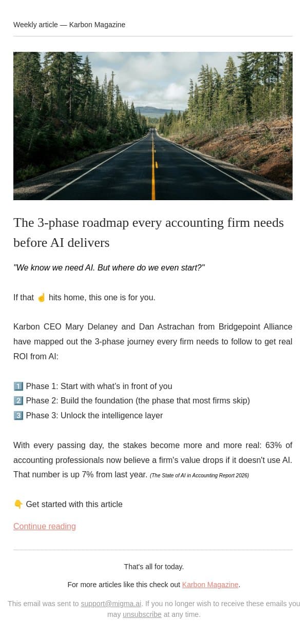 Where do you actually start with AI? email from Karbon screenshot