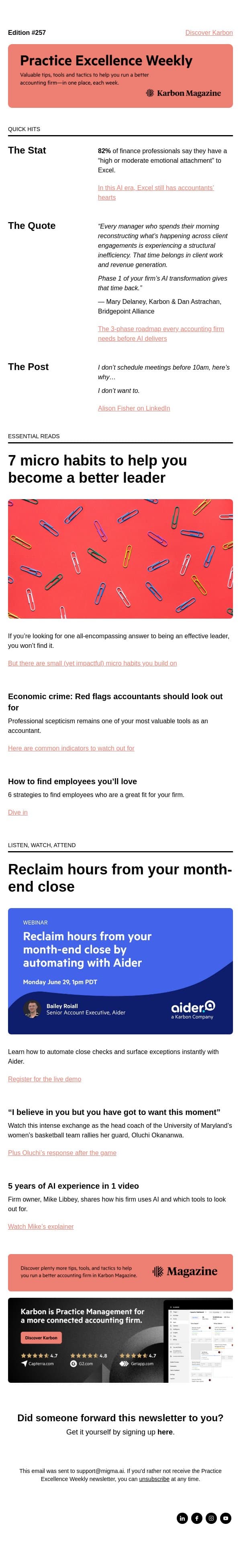 PEW 257: Micro habits, Excel obsessions, and how to find employees you’ll love email from Karbon screenshot