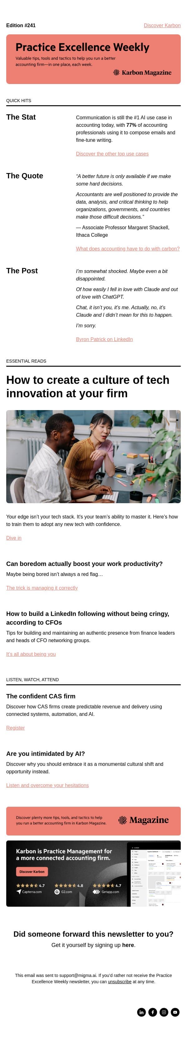 PEW 241: Claude > ChatGPT, boredom, and LinkedIn cringe email from Karbon screenshot