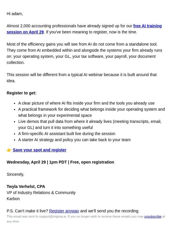 1,700+ accounting pros have already registered email from Karbon screenshot