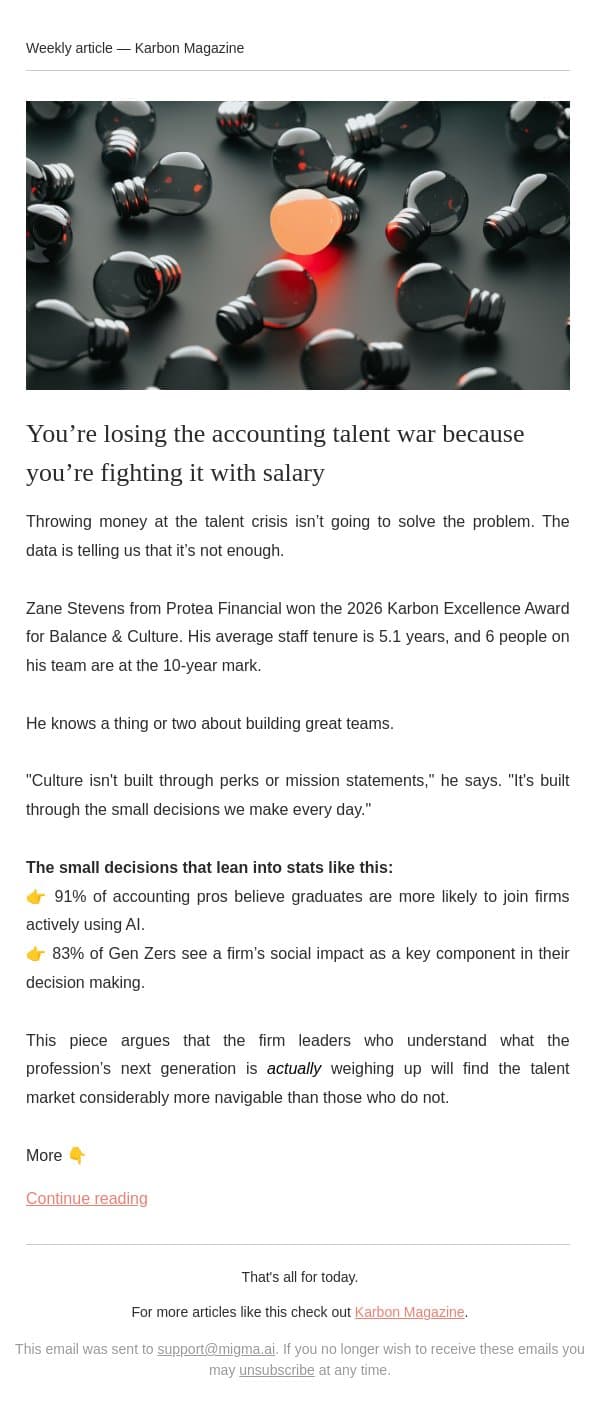 The talent war isn't about salary email from Karbon screenshot