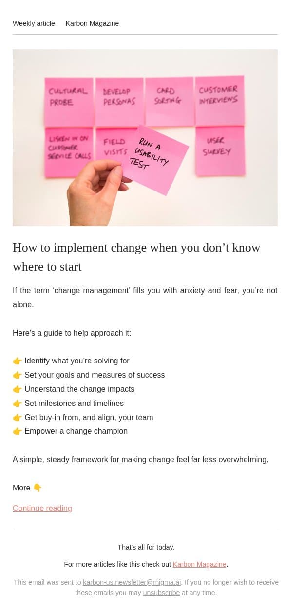 Making change easier email from Karbon screenshot