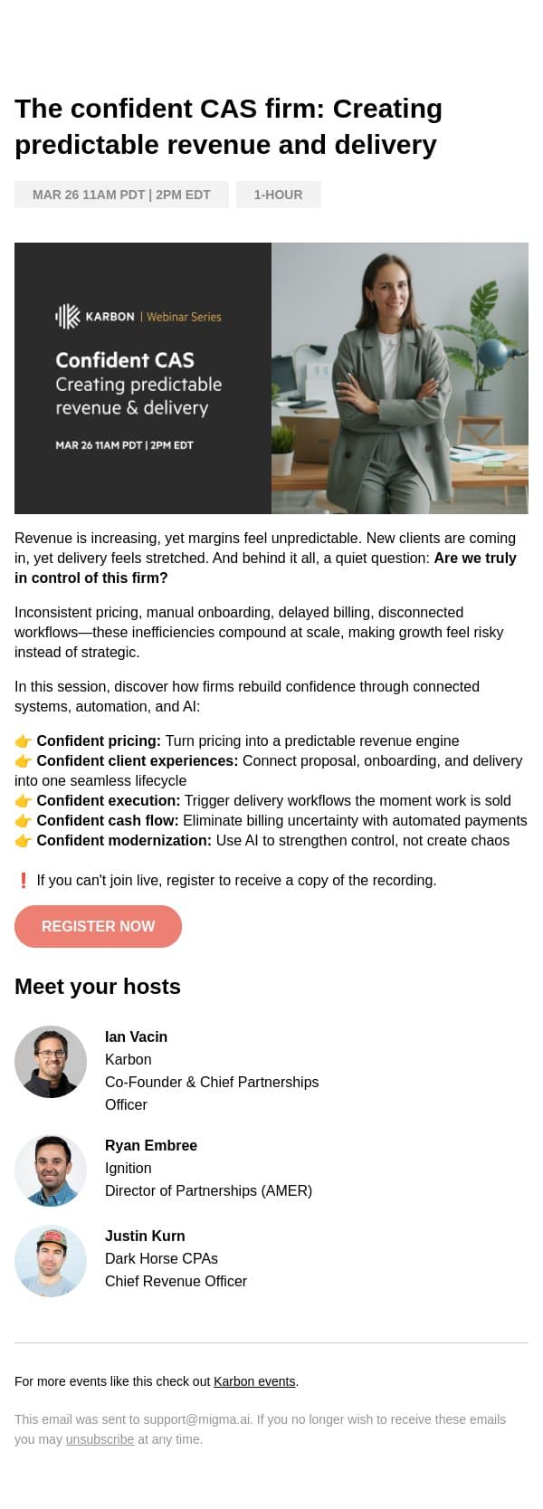 Invite: Confident CAS firms email from Karbon screenshot