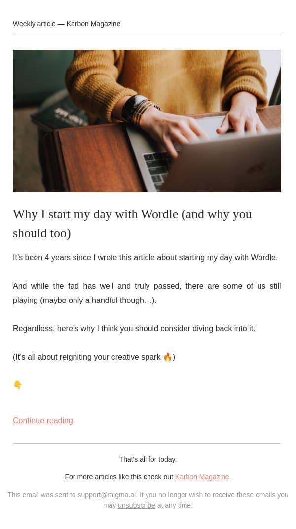 Why you should play Wordle (yes, Wordle…) email from Karbon screenshot