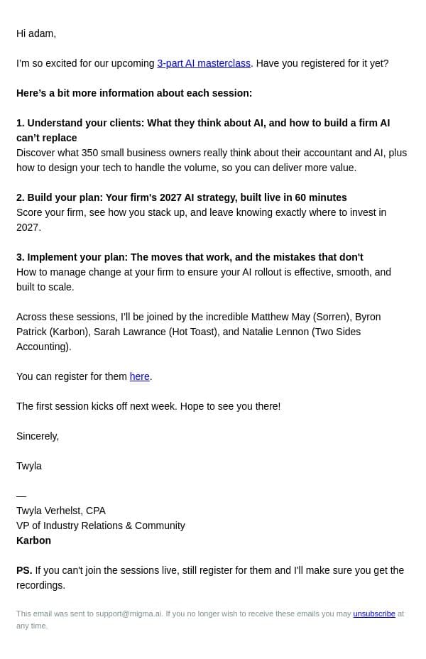 Reminder: 3-part AI masterclass invite email from Karbon screenshot
