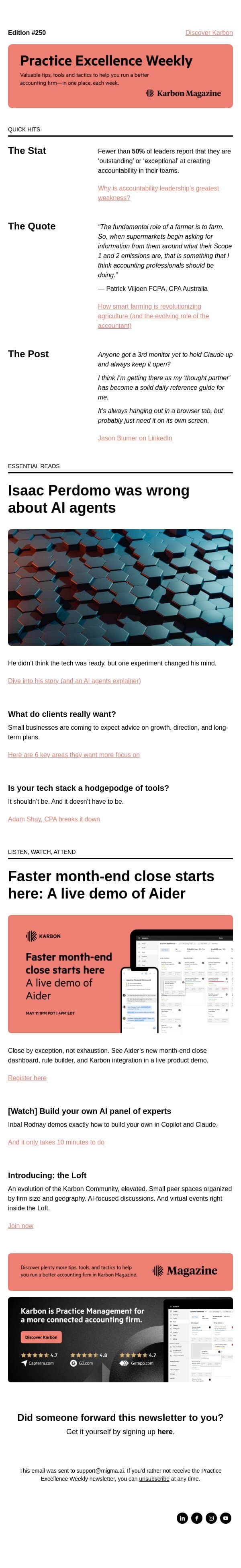 PEW 250: Your panel of AI experts, accountability, and what clients really want email from Karbon screenshot