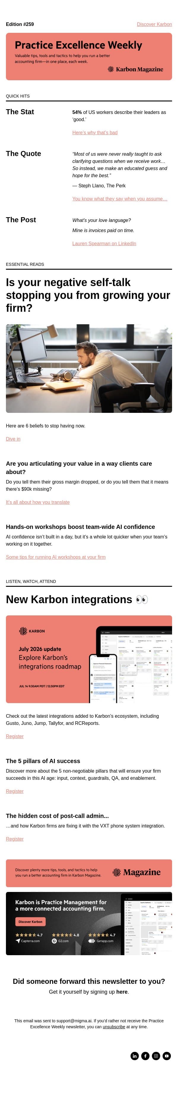 PEW 259: Stop assuming, mediocre leaders, and AI confidence email from Karbon screenshot
