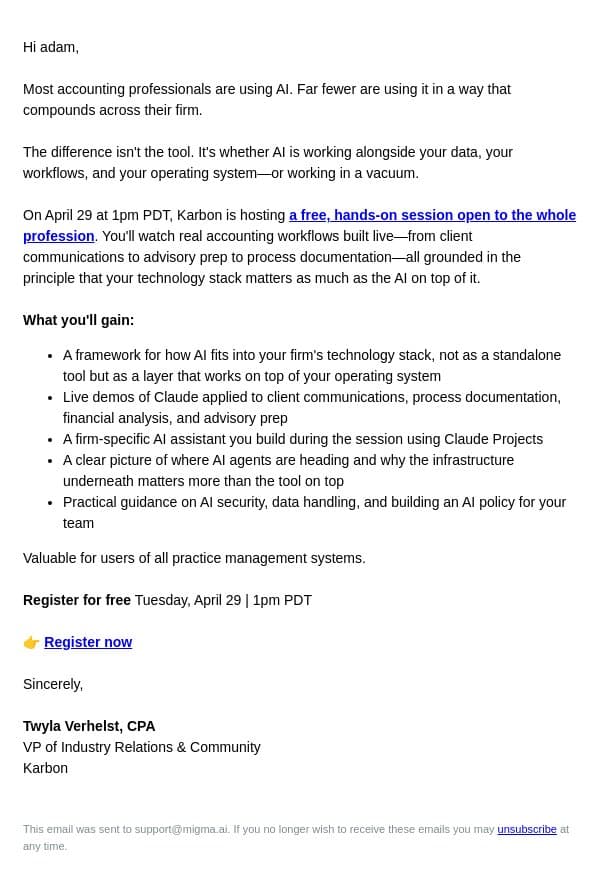 Free AI training built for accounting firms email from Karbon screenshot