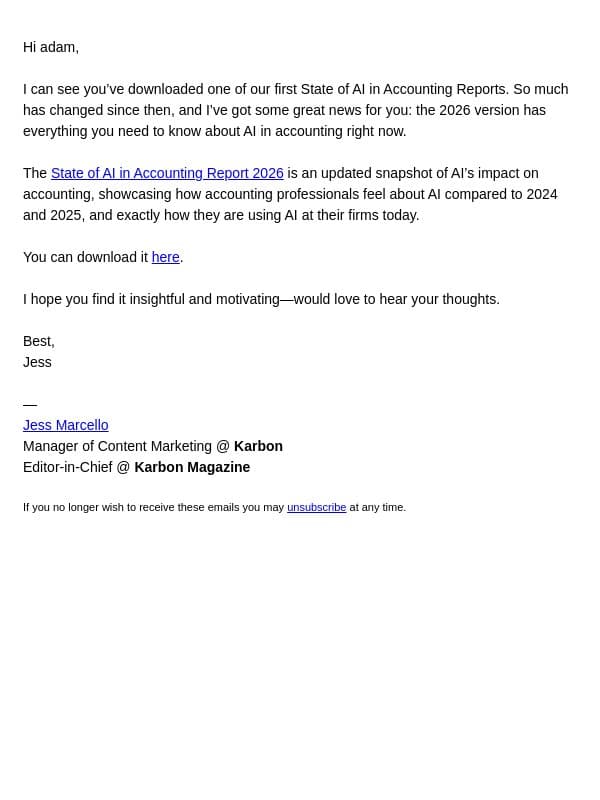 Do you have the updated AI in accounting report? email from Karbon screenshot