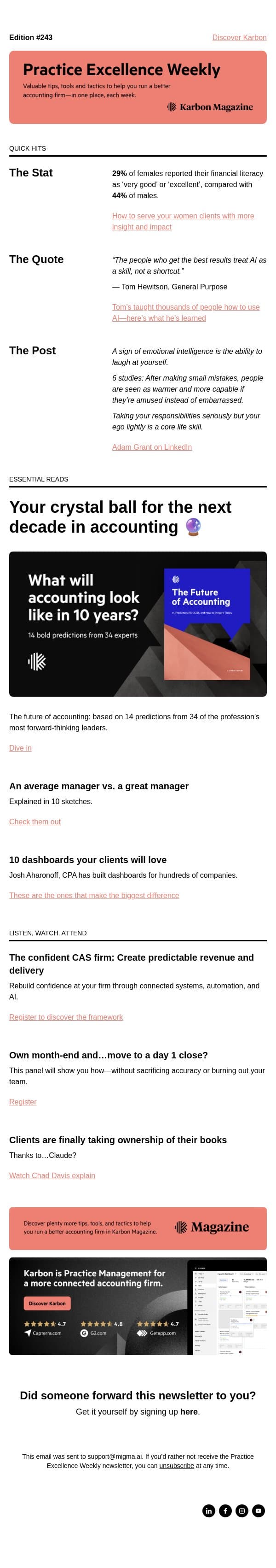 PEW 243: Crystal balls, dashboards, and average managers email from Karbon screenshot