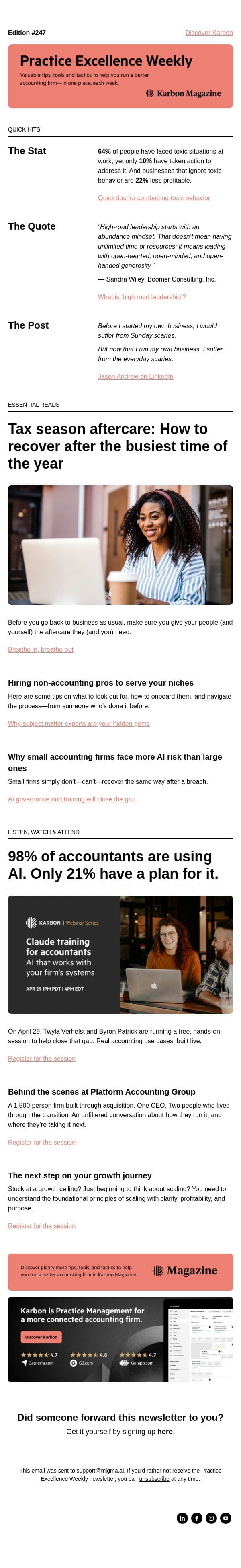 PEW 247: Take the high road, toxic behavior, and AI training email from Karbon screenshot