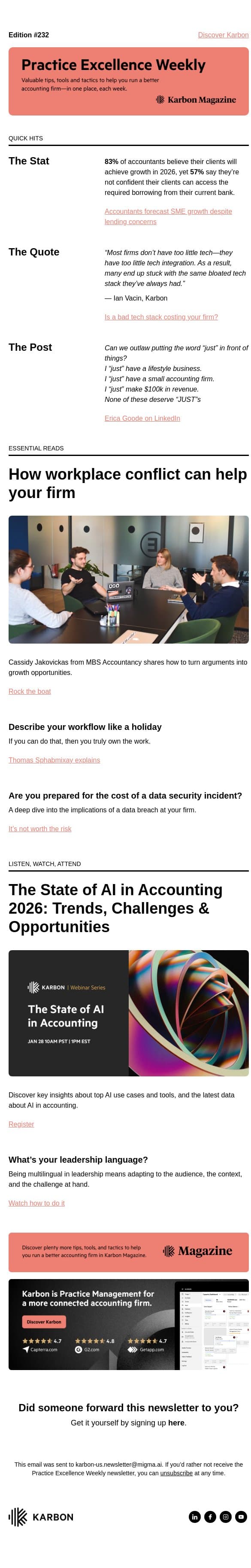 PEW 232: New AI data, cybersecurity costs, and leadership languages email from Karbon screenshot