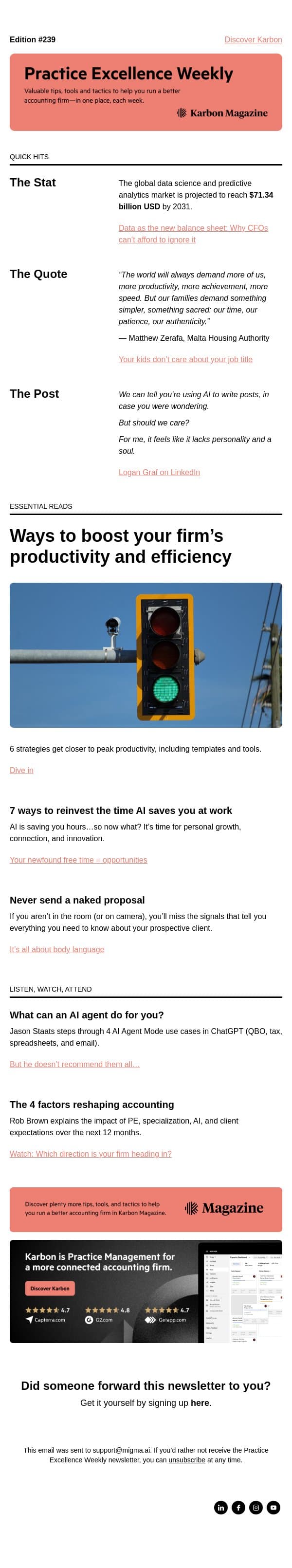 PEW 239: More productivity, more time, and more data email from Karbon screenshot