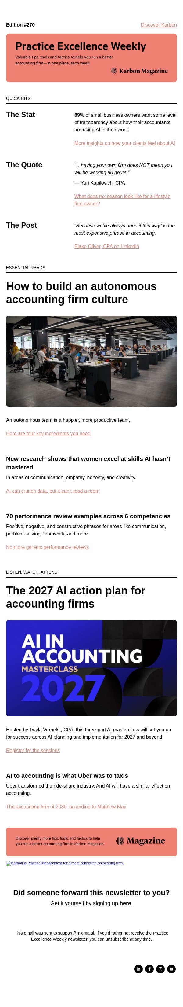 PEW 270: Women > AI, lifestyle firms in tax season, and performance review examples email from Karbon screenshot