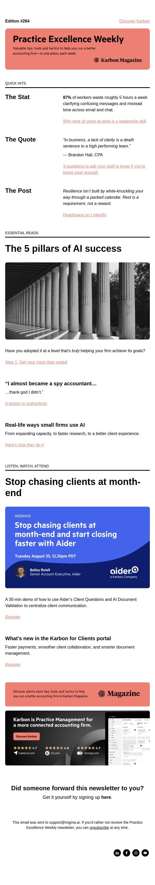 PEW 264: AI pillars, spy accountants, and real AI use cases email from Karbon screenshot