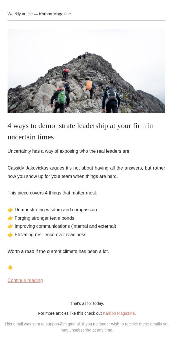 Tips: Leading through uncertainty email from Karbon screenshot