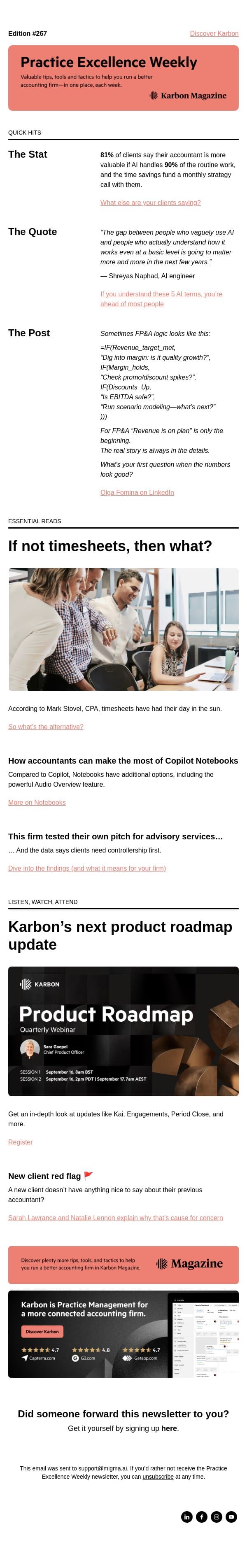 PEW 267: Timesheet alternative, 81% more valuable, and new client red flags email from Karbon screenshot