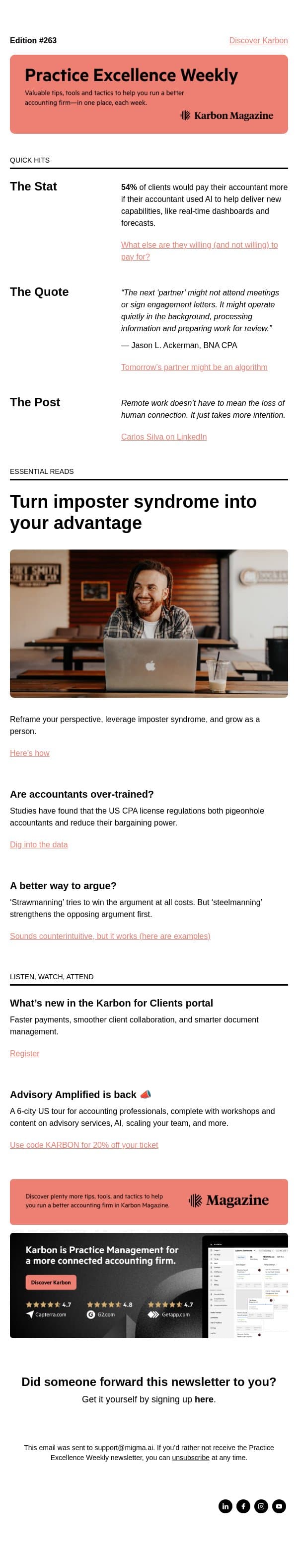 PEW 263: Imposter syndrome, better arguments, and AI as a pricing mechanism email from Karbon screenshot