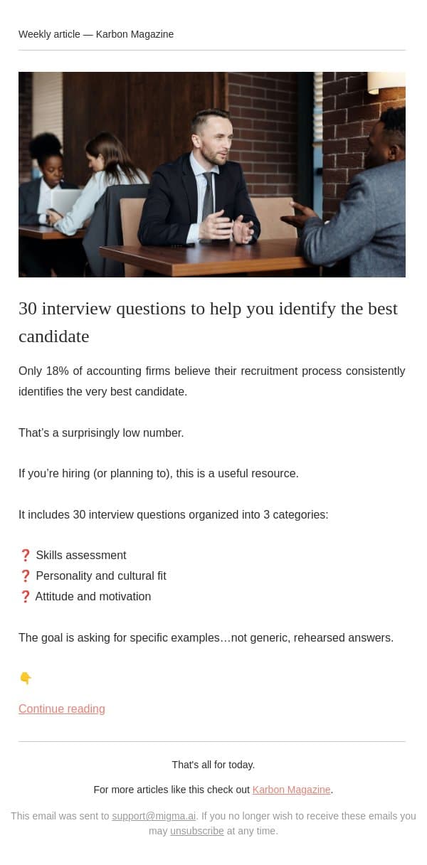 30 questions for your next hire email from Karbon screenshot