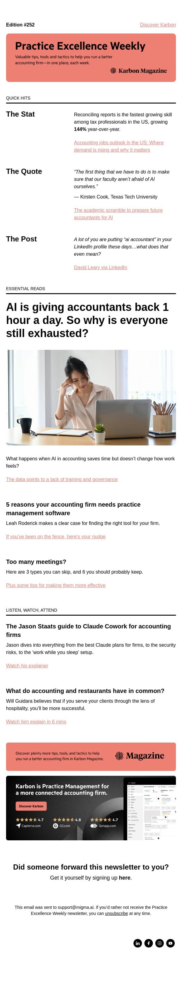 PEW 252: Restaurants, meetings, and exhaustion email from Karbon screenshot