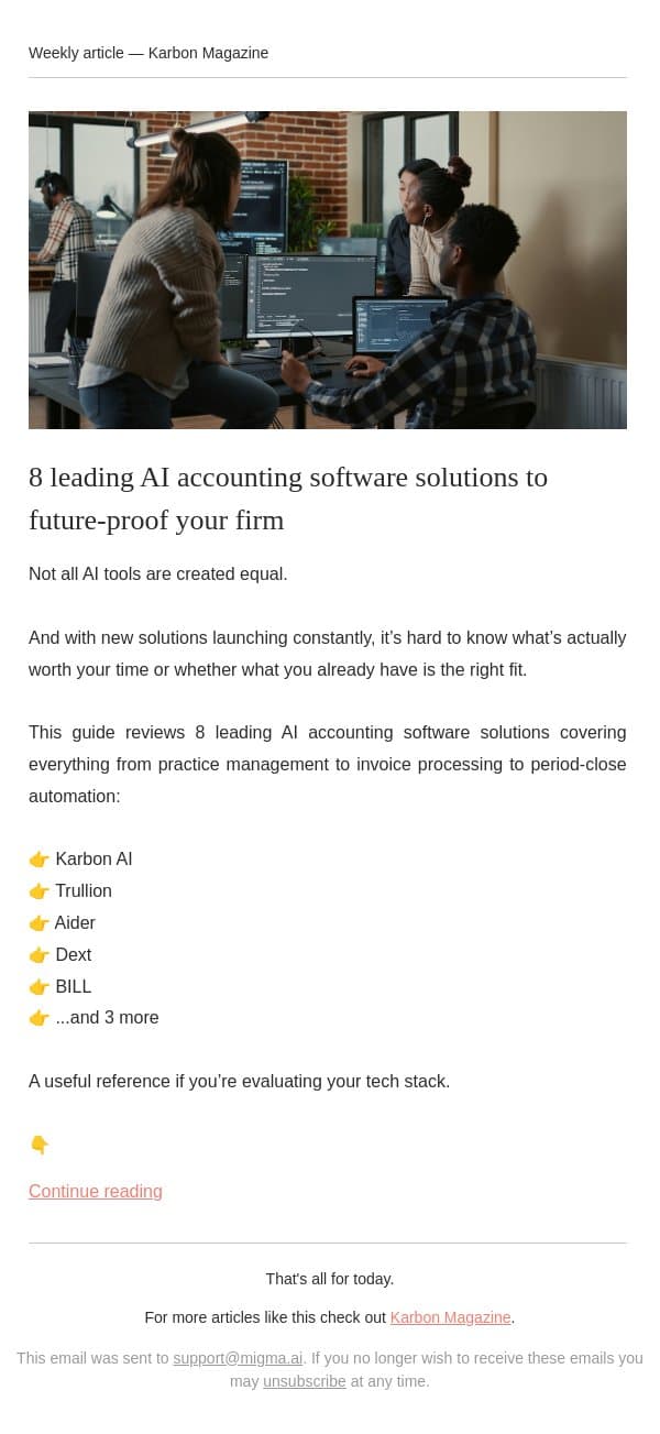 8 AI tools worth knowing about email from Karbon screenshot