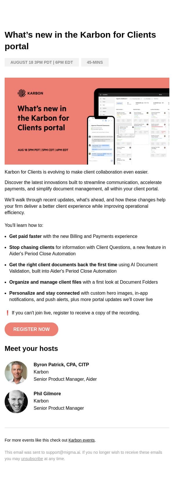 Invite: What’s new in the Karbon for Clients portal email from Karbon screenshot