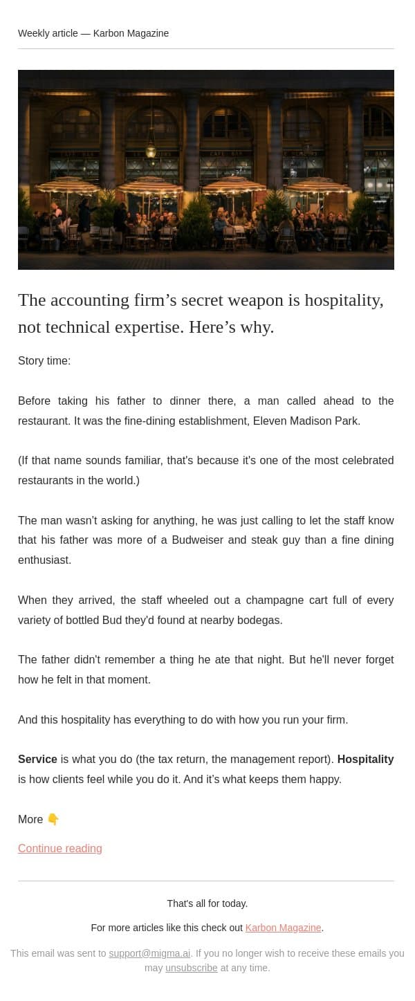 What does hospitality have to do with it? email from Karbon screenshot