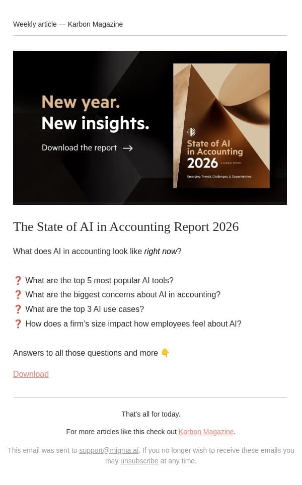How is AI impacting accounting right now? email from Karbon screenshot