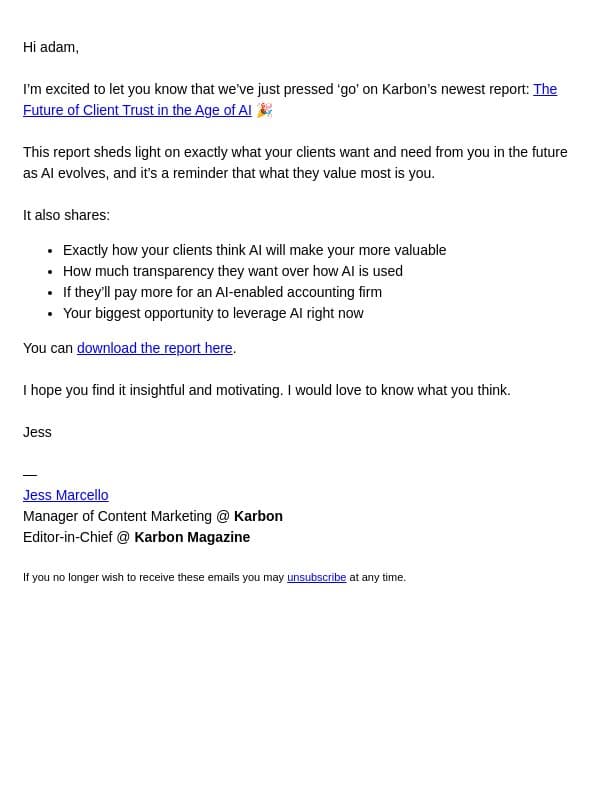 Just launched: The Future of Client Trust in the Age of AI 🎉 email from Karbon screenshot
