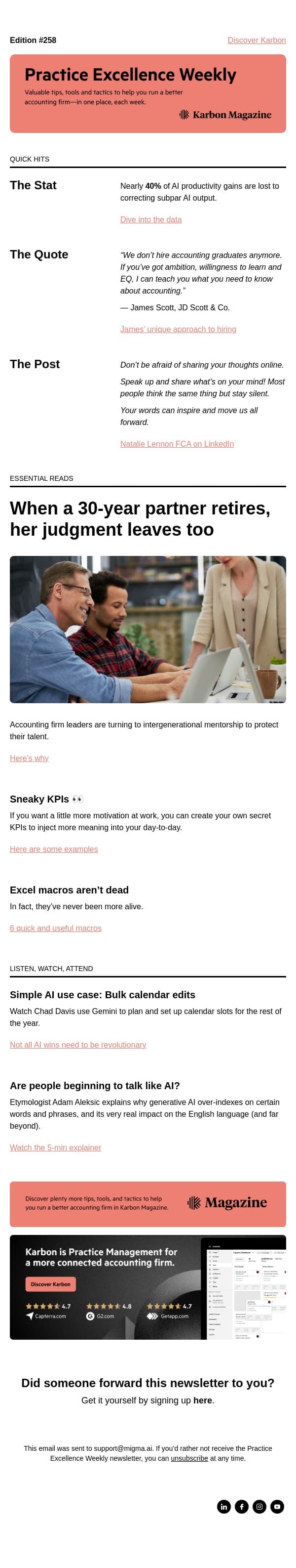 PEW 258: Mentorship, bulk calendar edits, and a new hiring strategy email from Karbon screenshot