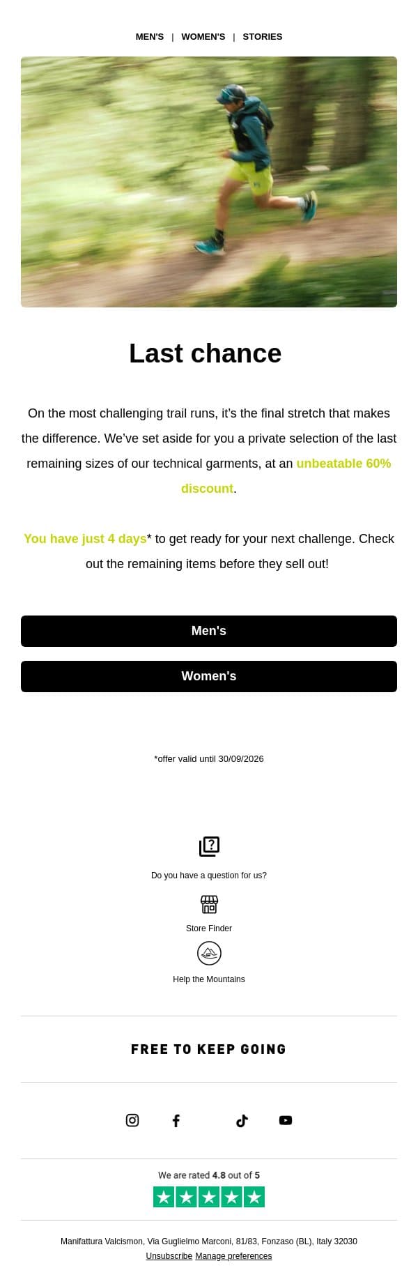 Last sizes | Flash sale email from Karpos screenshot