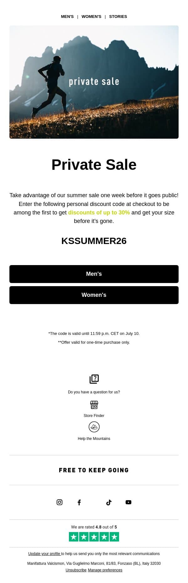 Private Sale | 30% off now, just for you email from Karpos screenshot