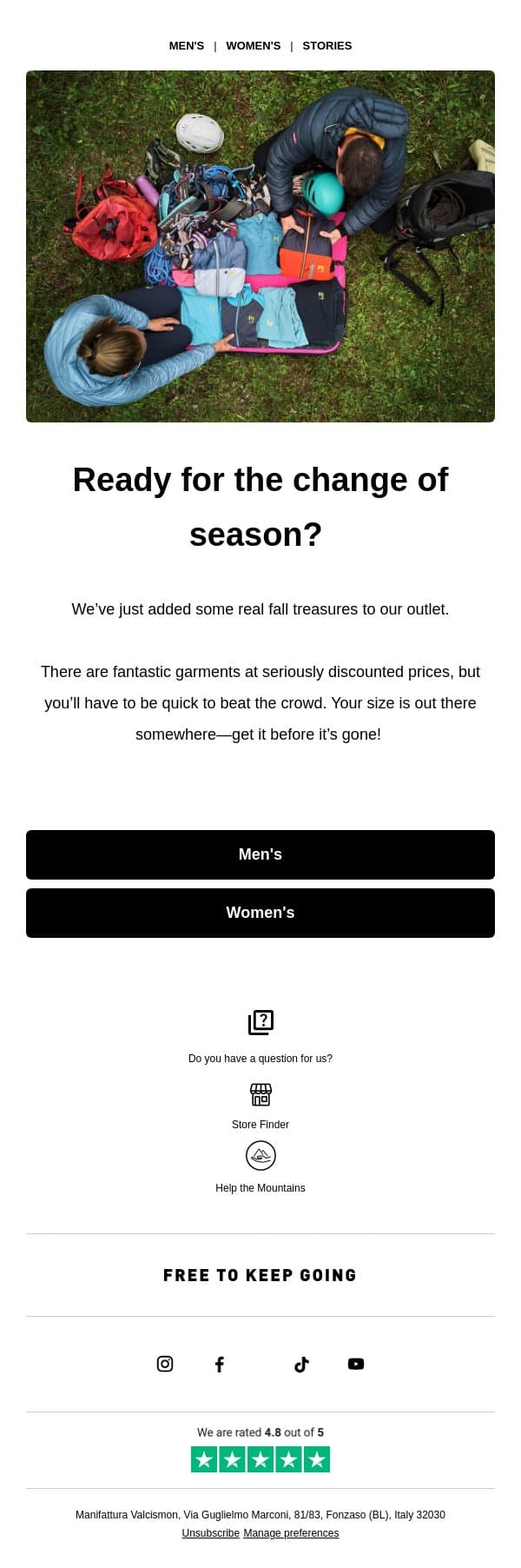 Pssst…we’ve restocked the outlet! email from Karpos screenshot