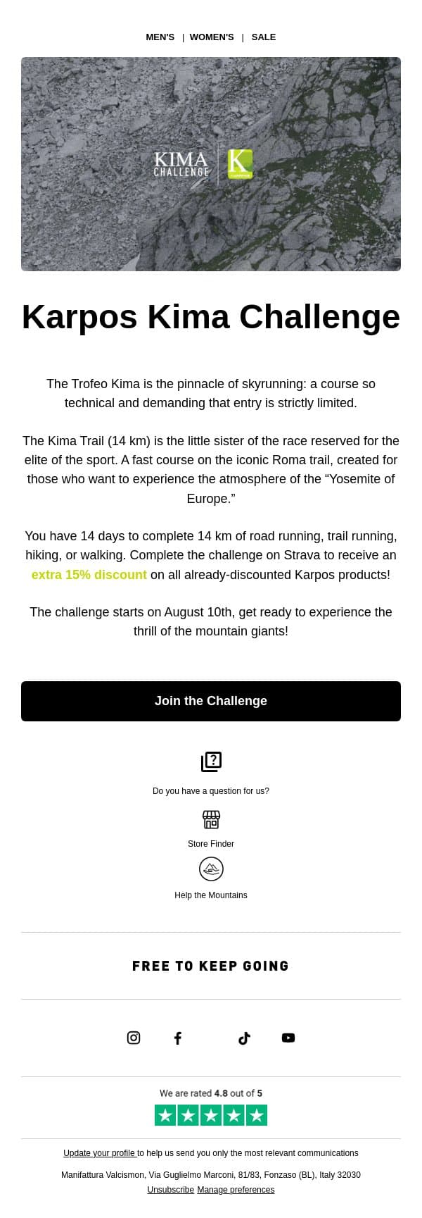 Join the Karpos Kima Challenge! email from Karpos screenshot