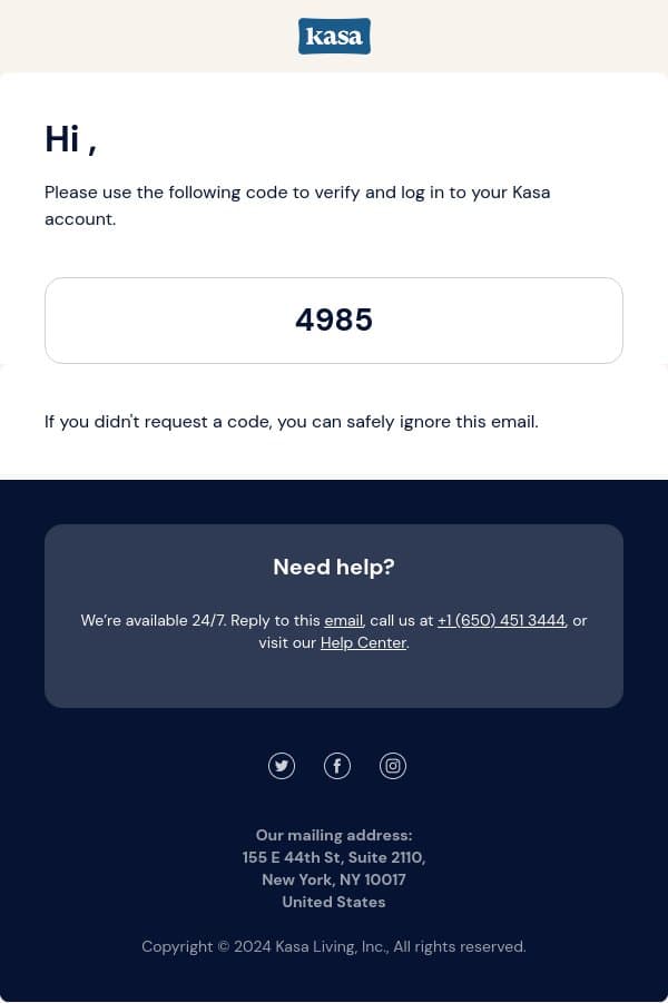 Your login code is: 4985 email from Kasa screenshot