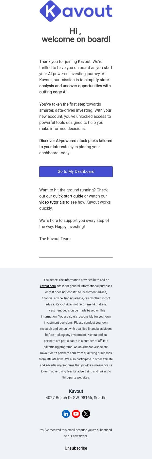 Welcome to Kavout - Your AI Edge in Investing email from Kavout screenshot