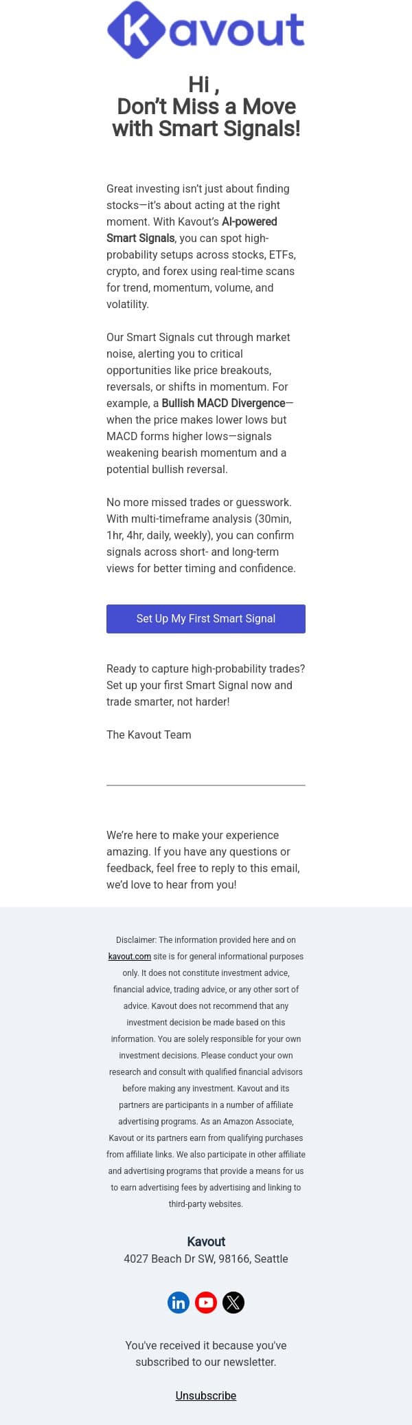 Don't Miss a Move: Get Real-time Smart Signals for Your Portfolio email from Kavout screenshot