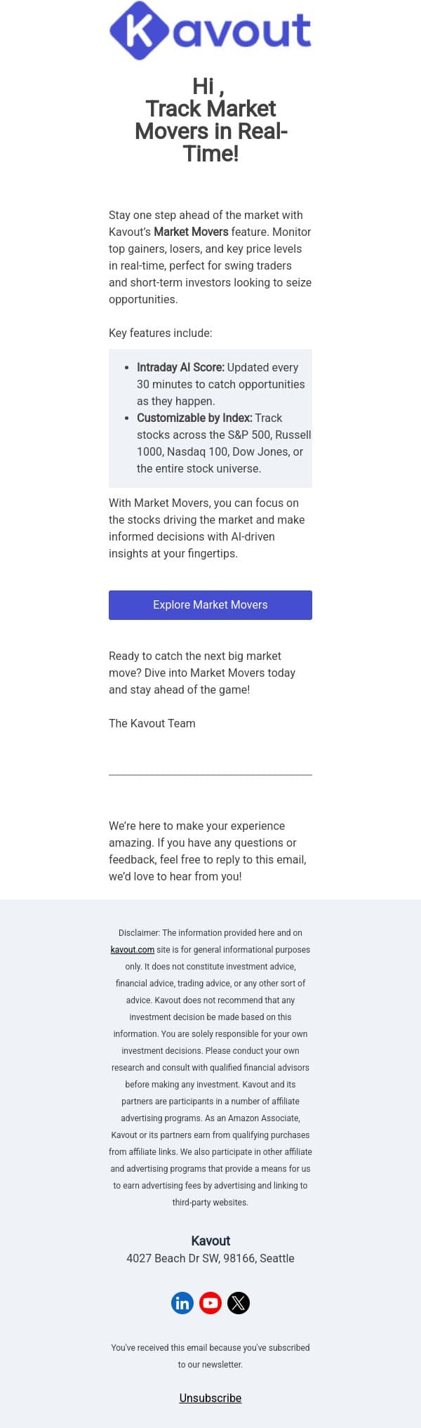 Track Market Movers in Real-Time with Kavout! email from Kavout screenshot