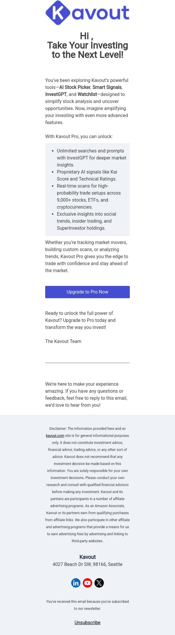 Supercharge Your Investing with Kavout Pro! email from Kavout screenshot