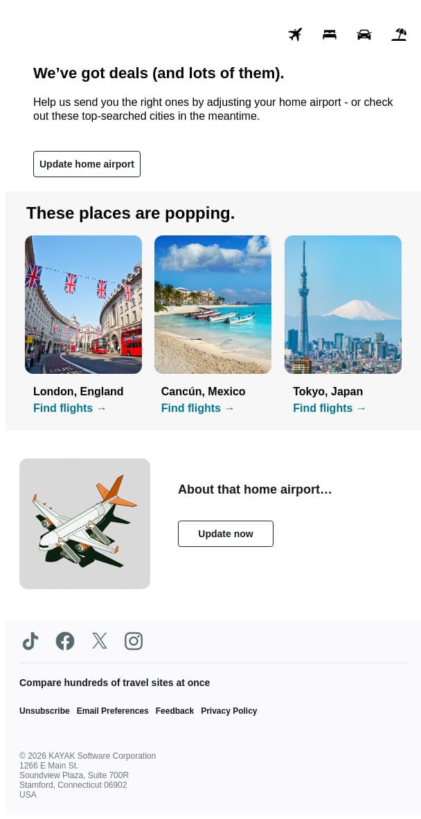 Deals to Tokyo for spring. 🌸 email from Kayak screenshot