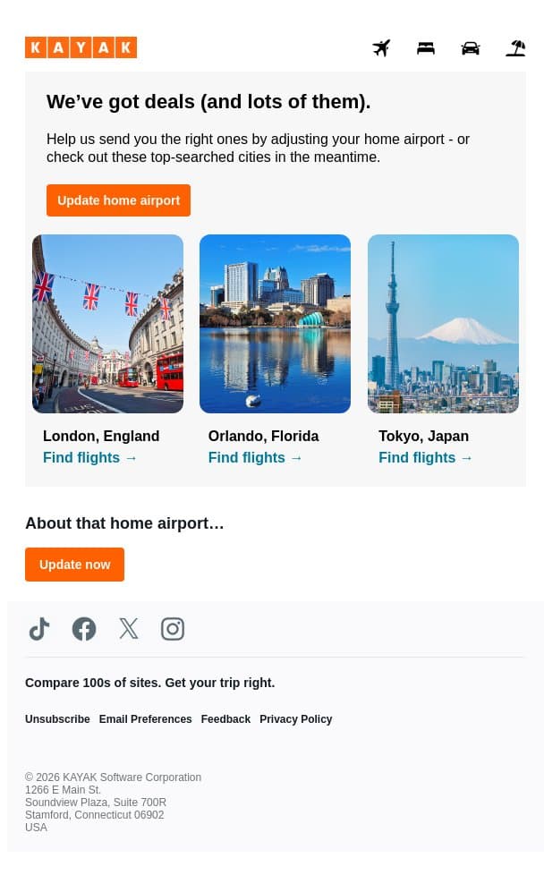 Fly somewhere warm. Spend $500 or less. 🏝️ email from Kayak screenshot
