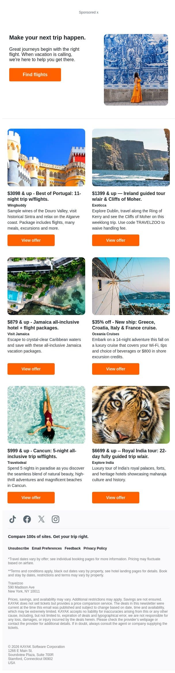 $3098 & up, Portugal: 11-night vacation w/air | $1699 & up, Ireland: 7-night guided tour w/air and more… email from Kayak screenshot