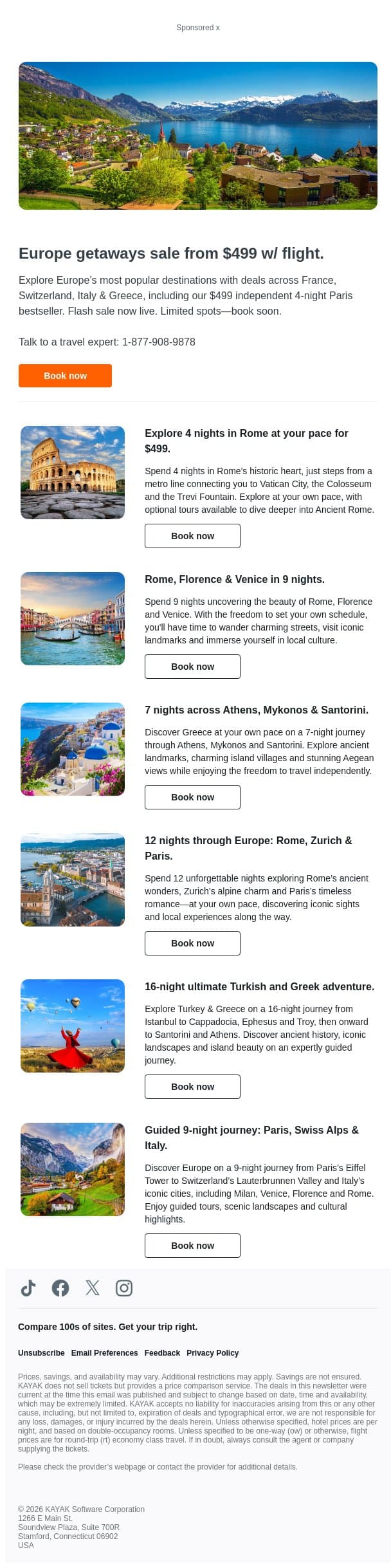 Europe getaways sale from $499 w/ flight. email from Kayak screenshot
