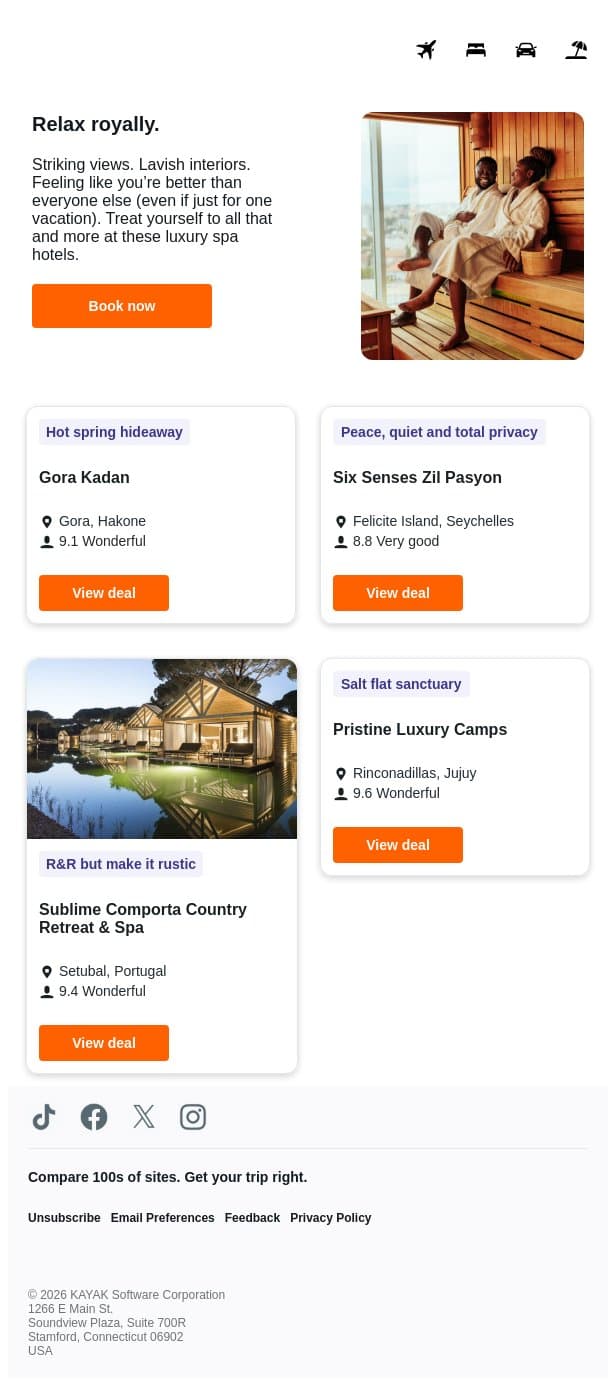 Pamper yourself at these spa hotels. 🛀 email from Kayak screenshot