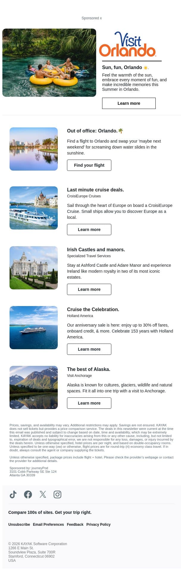 Explore Irish castles, European cruises and more. email from Kayak screenshot