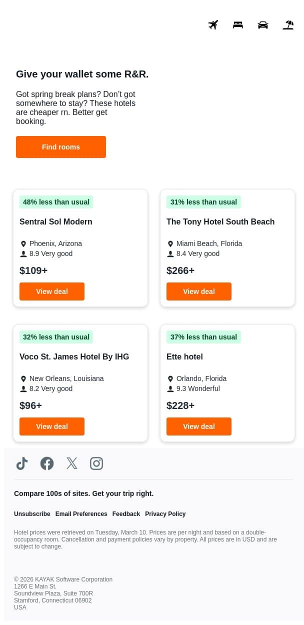 Spring break stays. Up to 48% cheaper. 💸 email from Kayak screenshot